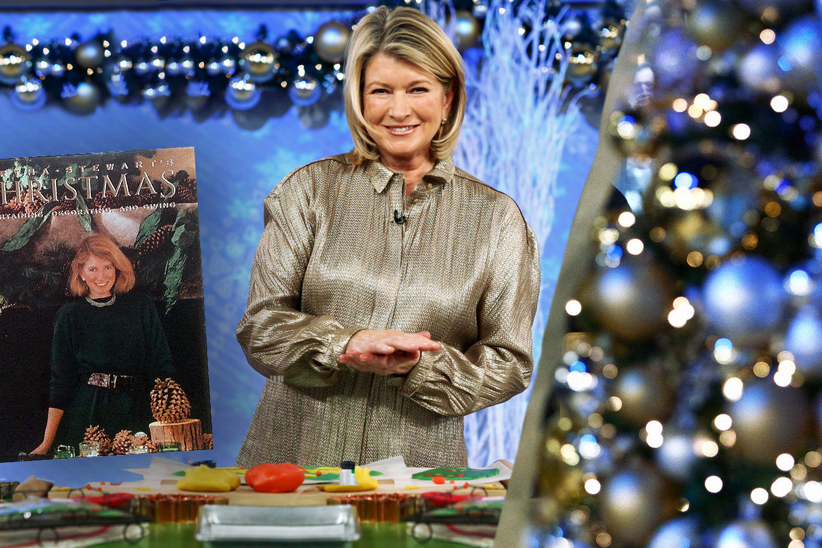 The cover of Martha Stewart’s Christmas superimposed over a photo of Martha Stewart and Christmas decorations. Photo illustration.