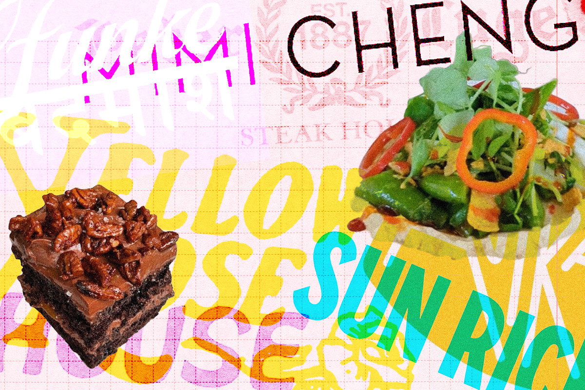A collage featuring logos from Mimi Cheng’s and Funke, as well images of salads and brownies.