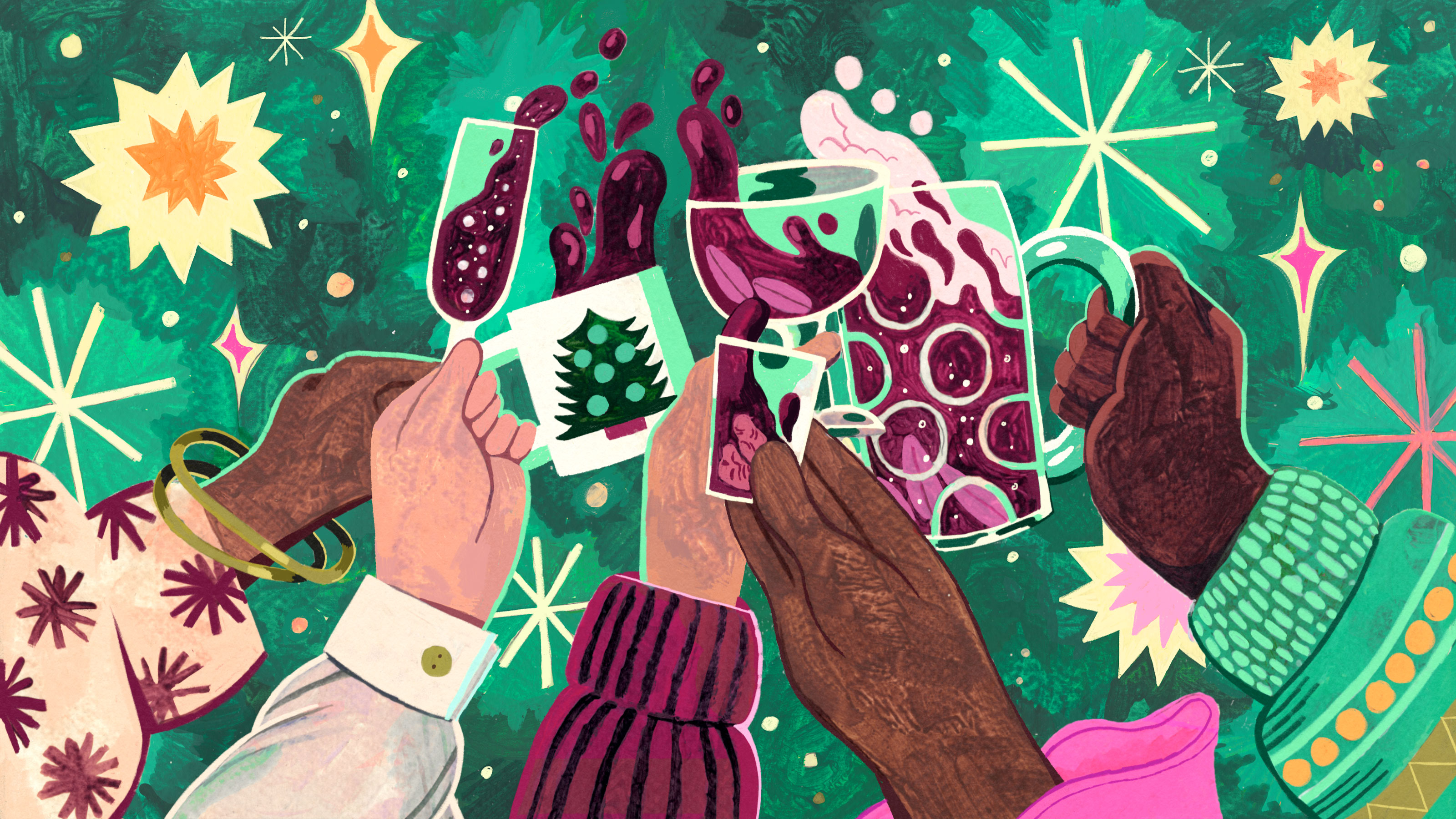 A crowd of hands grasp mugs, cups, and goblets sloshing with purple liquid, on an abstract green holiday background.