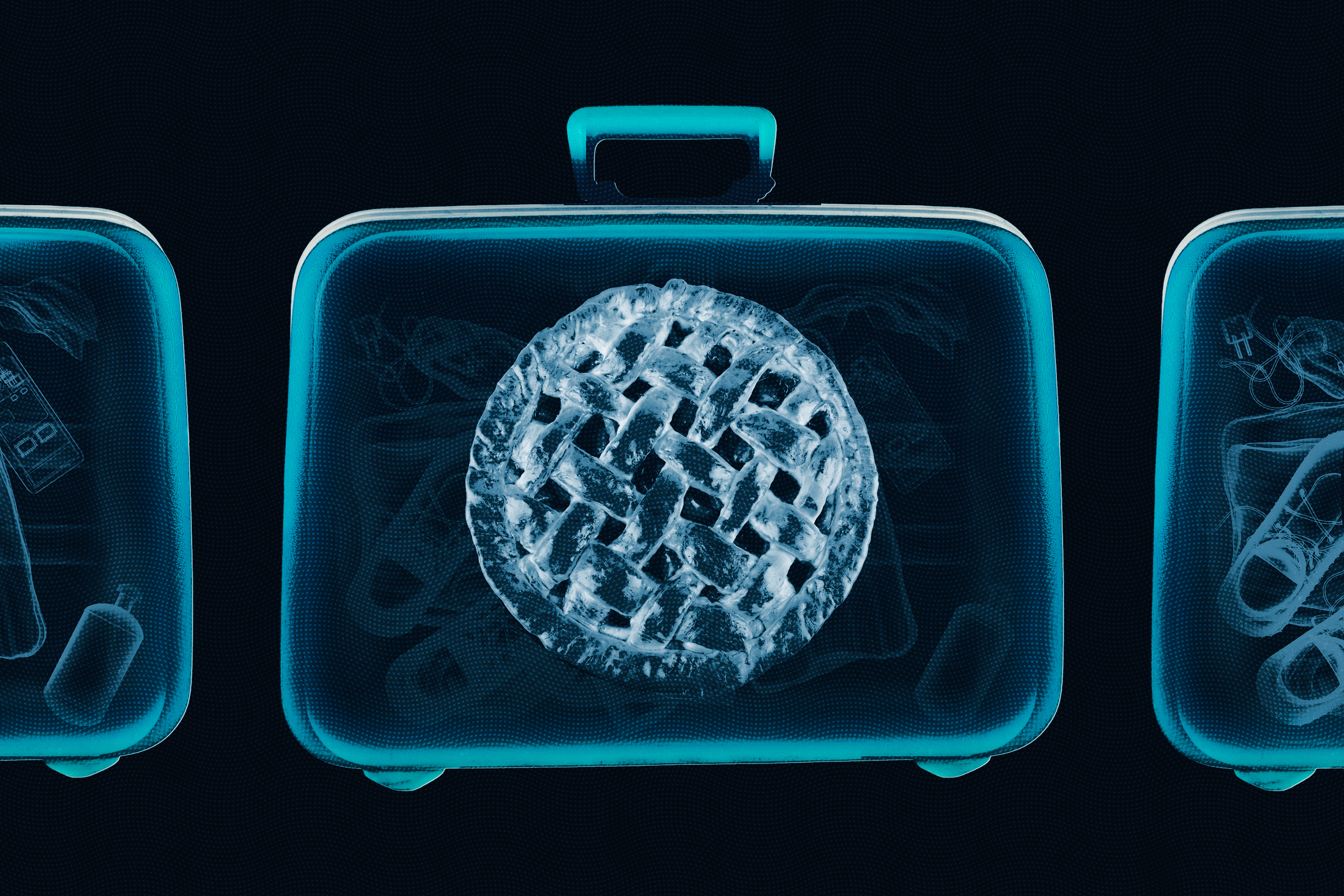 An xray overhead view of a full pie in a suitcase.