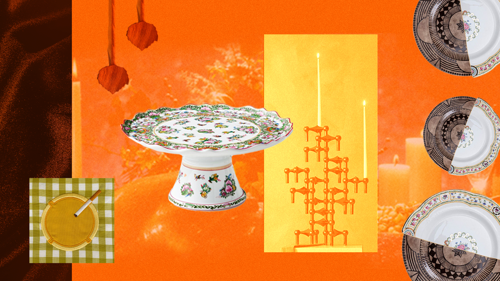 A collage featuring a fabric cocktail napkin depicting an ashtray, a cake stand, leaf-shaped salad servers, an artistic rendering of a candle centerpiece, and plates 