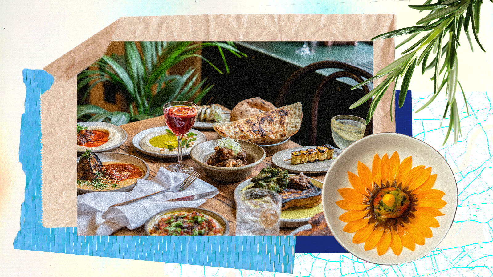 A photo collage showing an image of a table spread with various dishes, overlaid with a photo of food in the shape of a sunflower.