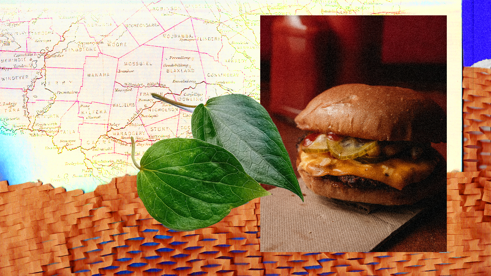 A photo of a burger superimposed on a map of Sydney along with several leaves. 